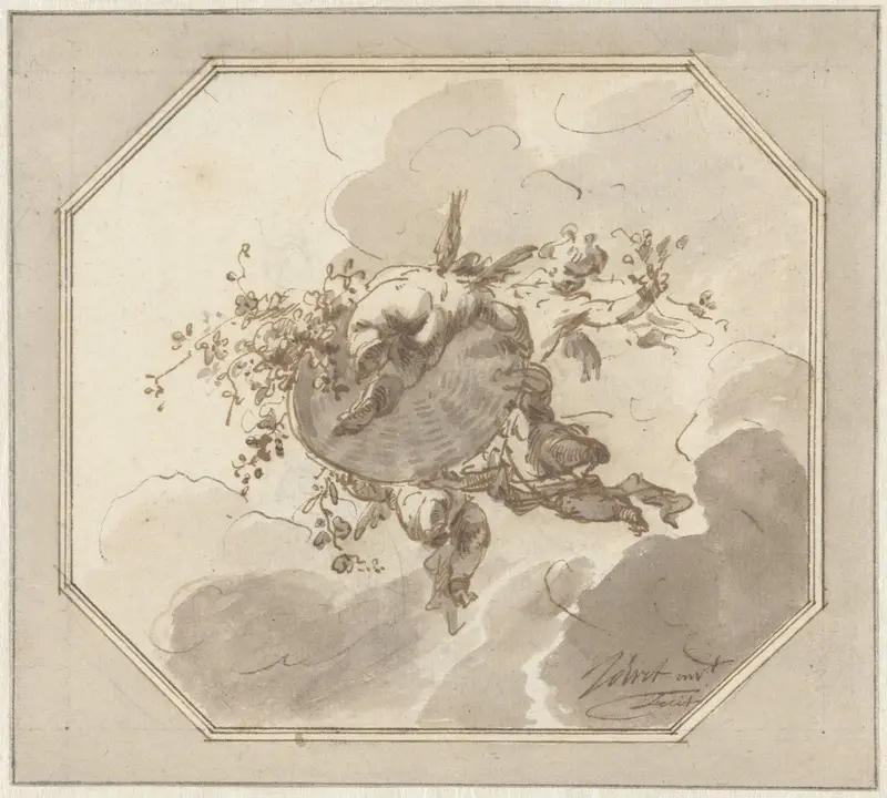 Ontwerp voor plafondschildering met putti met korf Wall Art by Jacob de Wit - High-Resolution Digital Print