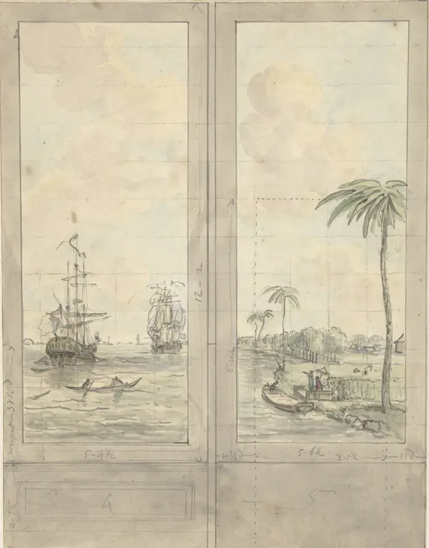Ontwerp voor twee behangvlakken: rivier met schepen in de kolonieën Wall Art by Jurriaan Andriessen - High-Resolution Digital Print