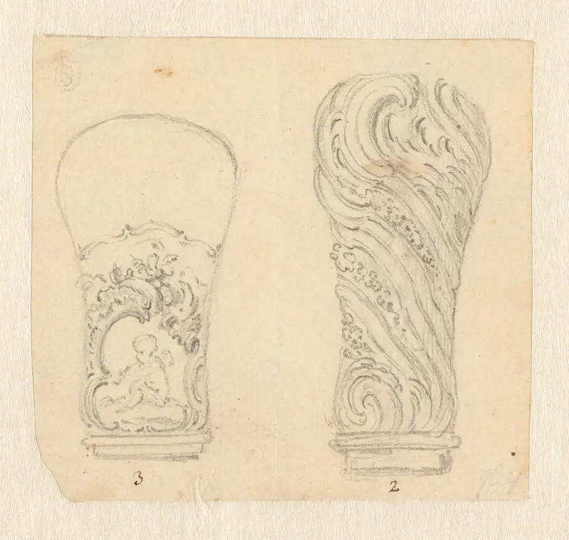 Ontwerp voor twee wandelstokknoppen, links met een fluitspelende putto in een cartouche met rocailles en bloemen, rechts getorst, met bloemslingers Wall Art by Unknown - High-Resolution Digital Print