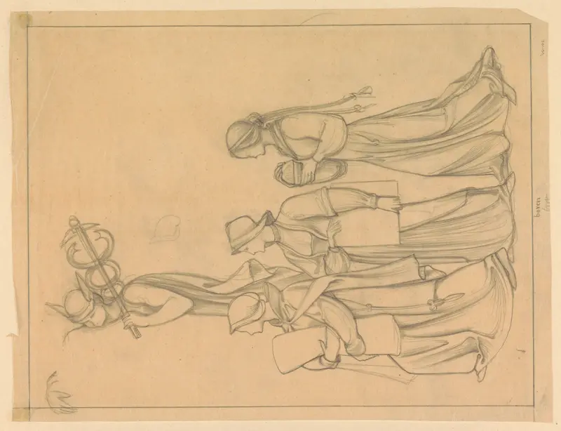 Ontwerp voor wandschildering in de Beurs van Berlage: binnenkomst van de drie maagden Werkzaamheid, Gezelligheid en Wijsheid, achter een rots Mercurius Wall Art by Antoon Derkinderen - High-Resolution Digital Print