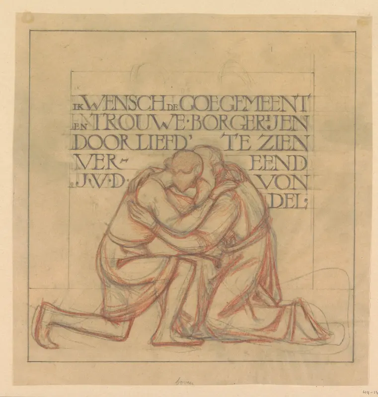 Ontwerp voor wandschildering in de Beurs van Berlage: embleem met knielend paar in omhelzing en spreuk van Vondel Wall Art by Antoon Derkinderen - High-Resolution Digital Print
