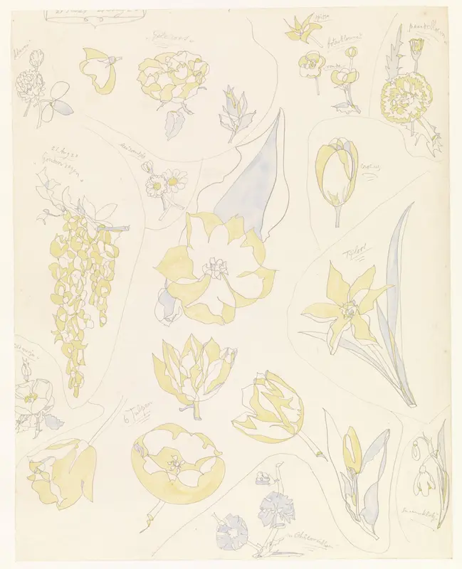 Ontwerpen voor aardewerkdecoratie: zes tulpen en andere bloemen Wall Art by Theo Colenbrander - High-Resolution Digital Print