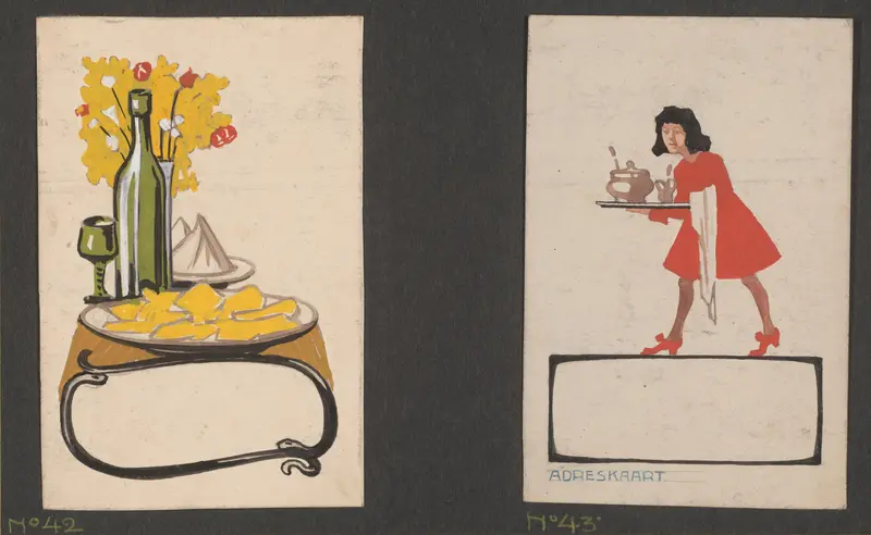 Ontwerpen voor adreskaarten met een dienblad en vrouw met dienblad Wall Art by Reinier Willem Petrus de Vries (1874-1953) - High-Resolution Digital Print