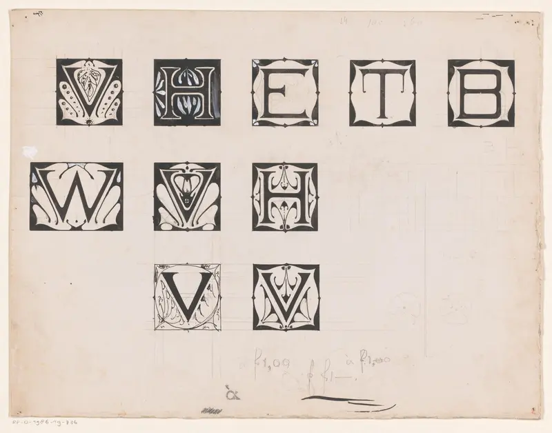Ontwerpen voor de initialen B, E, H, T, V, W Wall Art by Reinier Willem Petrus de Vries (1874-1953) - High-Resolution Digital Print