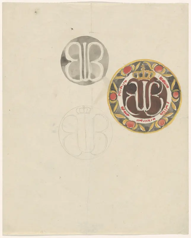 Ontwerpen voor een bord met kroon en monogram Wall Art by Carel Adolph Lion Cachet - High-Resolution Digital Print