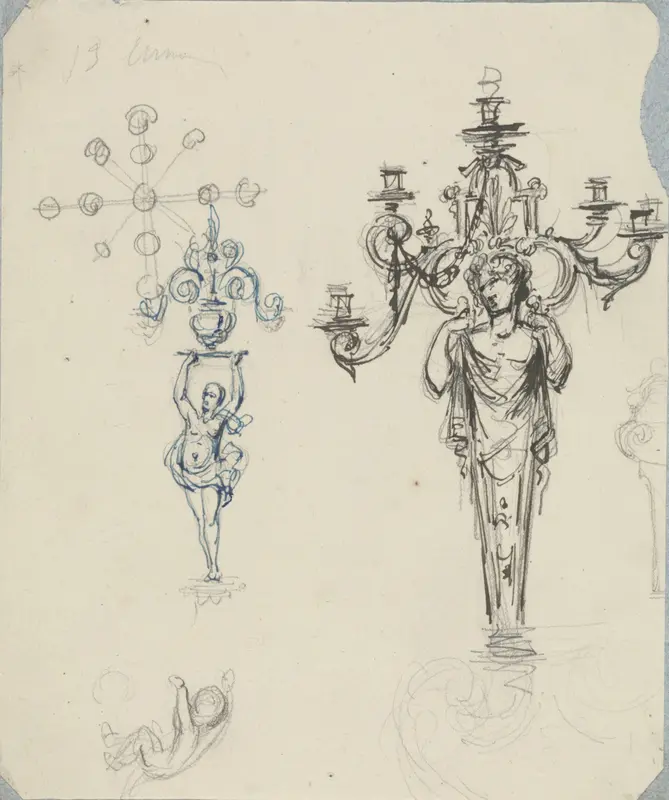 Ontwerpen voor een torchère in de vorm van een vrouwenfiguur met daarop een kandelaber, een kandelaber met een hermschacht, een jongetje, een schild en een voetstuk Wall Art by Henri Cameré - High-Resolution Digital Print