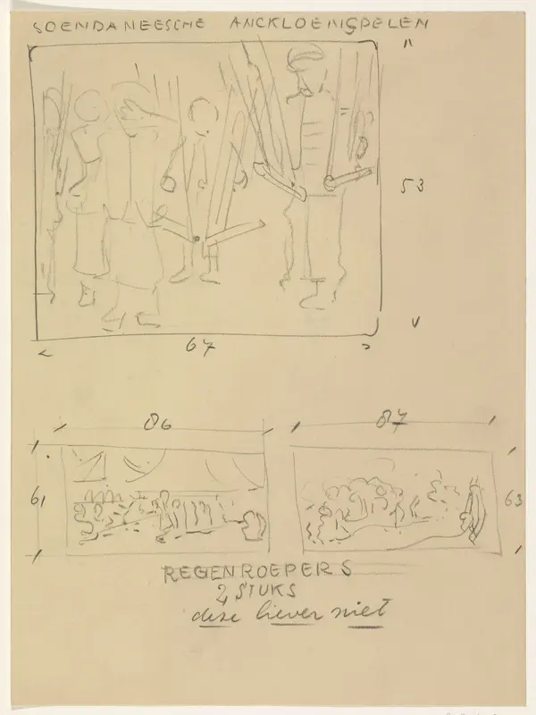 Ontwerpen voor kinderkamer van het schip Christiaan Huygens (?): Soendaneesche Anckloenspelen en Regenroepers Wall Art by Carel Adolph Lion Cachet - High-Resolution Digital Print