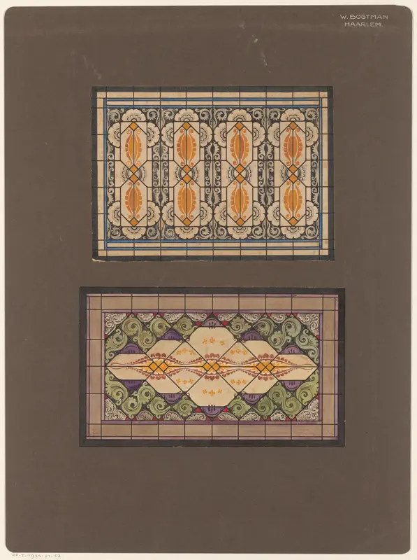 Ontwerpen voor twee glas in loodramen met florale ornamenten en rolwerk Wall Art by Unknown - High-Resolution Digital Print