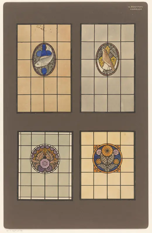 Ontwerpen voor vier glas in loodramen met een vis, vogel en bloemen Wall Art by Unknown - High-Resolution Digital Print