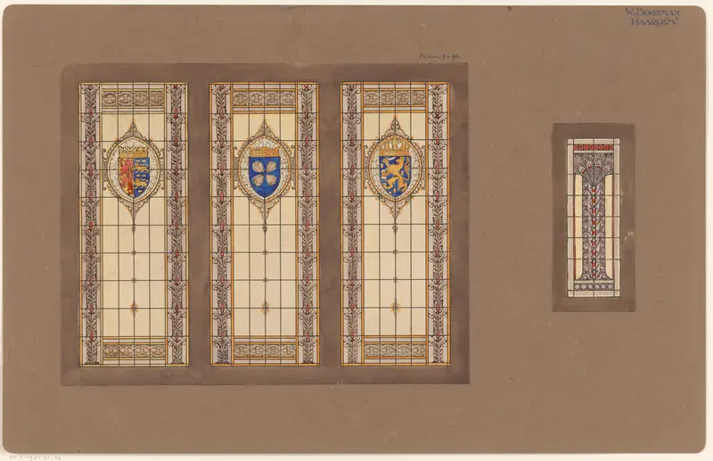 Ontwerpen voor vier glas in loodramen, waarvan drie met heraldische wapens Wall Art by Unknown - High-Resolution Digital Print