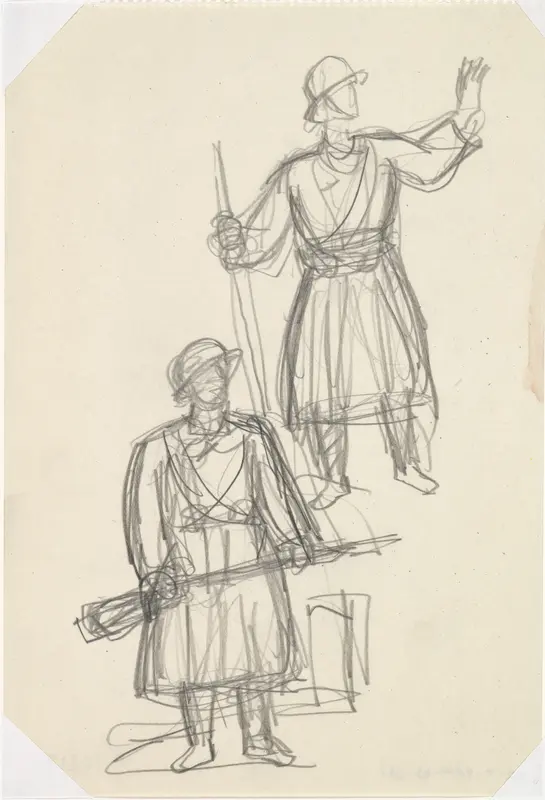 Ontwerpschets affiche voor propaganda kunstbescherming in het leger, schets met twee soldaten. Wall Art by Leo Gestel - High-Resolution Digital Print