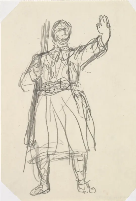 Ontwerpschets affiche voor propaganda kunstbescherming in het leger, schets van soldaat, die met de linkerhand een stopteken maakt Wall Art by Leo Gestel - High-Resolution Digital Print
