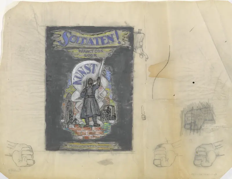 Ontwerpschets affiche voor propaganda kunstbescherming in het leger, schets van soldaat frontaal gezien met op de achtergrond een groot wit vaandel Wall Art by Leo Gestel - High-Resolution Digital Print