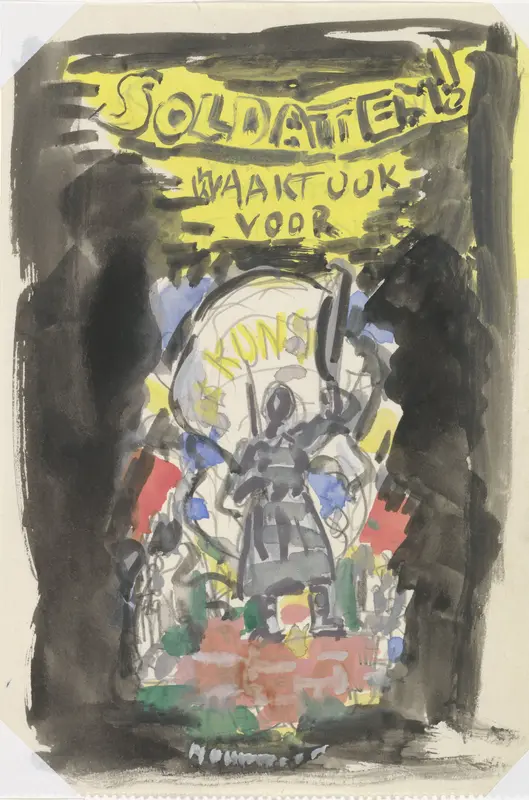 Ontwerpschets affiche voor propaganda kunstbescherming in het leger, schets van soldaat frontaal gezien staand op een bakstenen muurtje, erboven de tekst 'Soldaten ! waakt ook voor Kunst'. Wall Art by Leo Gestel - High-Resolution Digital Print