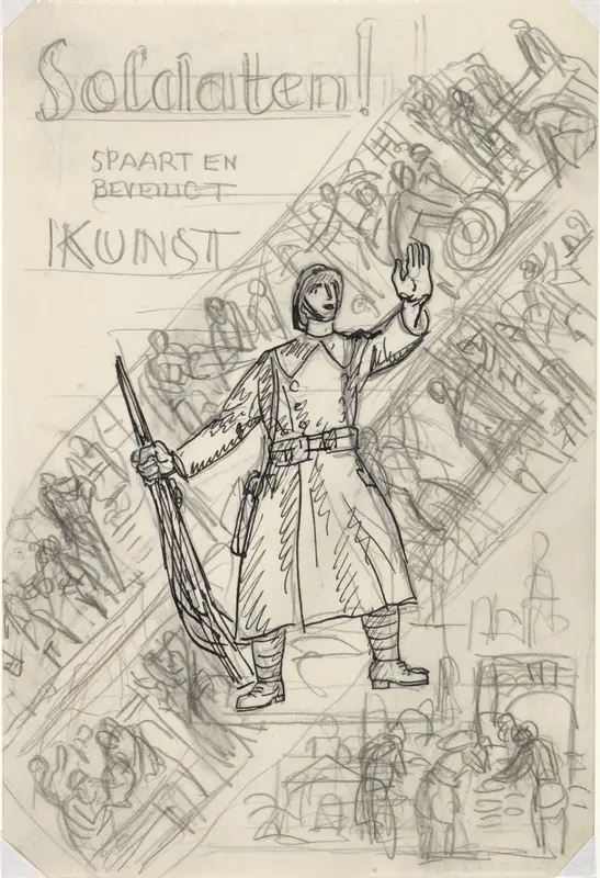 Ontwerpschets affiche voor propaganda kunstbescherming in het leger, schets van soldaat met op de achtergrond twee diagonale friezen Wall Art by Leo Gestel - High-Resolution Digital Print