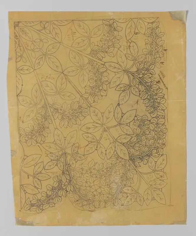 Ontwerptekening op calqueerpapier voor een kleed van kloskant met goudenregentakken en -bloemen Wall Art by Louise Wilhelmina van der Meulen-Nulle - High-Resolution Digital Print