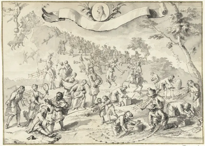 Ontwerptekening voor de prent Hebzucht probeert Fortuna in te halen, 1720 Wall Art by anonymous - High-Resolution Digital Print