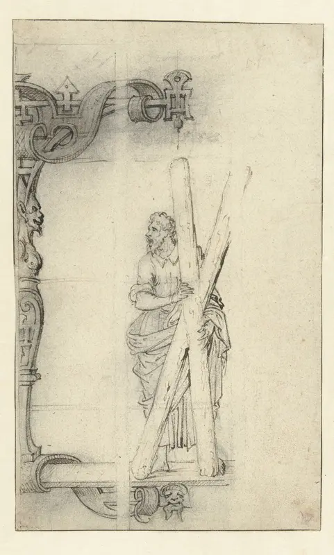 Ontwerptekening voor een gebrandschilderd raam met de Heilige Andreas Wall Art by Dirck Pietersz. Crabeth - High-Resolution Digital Print