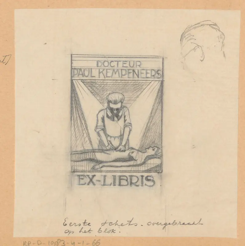 Ontwerptekening voor ex libris van Paul Kempeneers met schets van een hoofd Wall Art by Otto Verhagen (I) - High-Resolution Digital Print