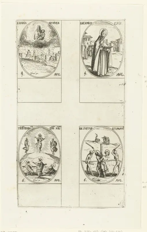 Onze-Lieve-Vrouwe ter Sneeuw (Maria-Kerkwijding), Heilige Memmius,Transfiguratie, Heilige Justus en Heilige Pastor van Alcalá (5-6 augustus) Wall Art by Jacques Callot - High-Resolution Digital Print