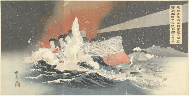 Onze torpedobootjagers Hayatori en Asagiri vernietigen vijandelijke schepen tijdens een sneeuwstorm in Port Arthur. Wall Art by Unknown - High-Resolution Digital Print