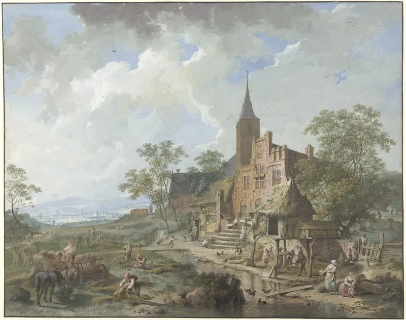Oogst bij een dorp in een heuvelig landschap Wall Art by Hendrik Meijer - High-Resolution Digital Print