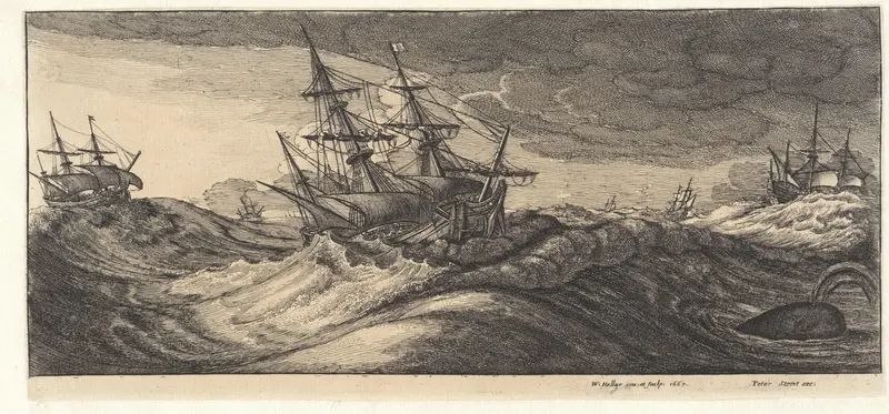 Oorlogsschepen en een walvis in een zeestorm Wall Art by Unknown - High-Resolution Digital Print