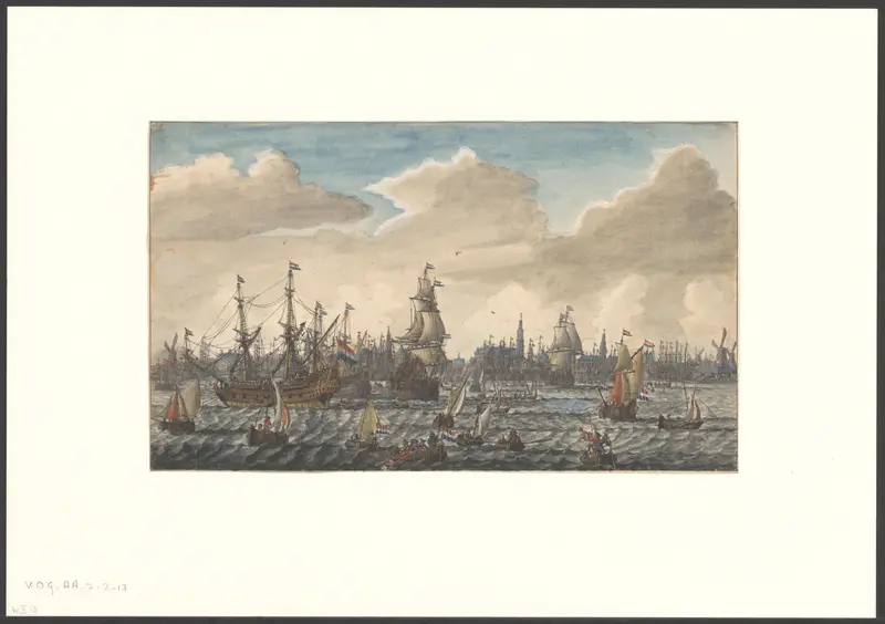 Oorlogsschepen op het IJ en gezicht op de stad Wall Art by Abraham Storck - High-Resolution Digital Print