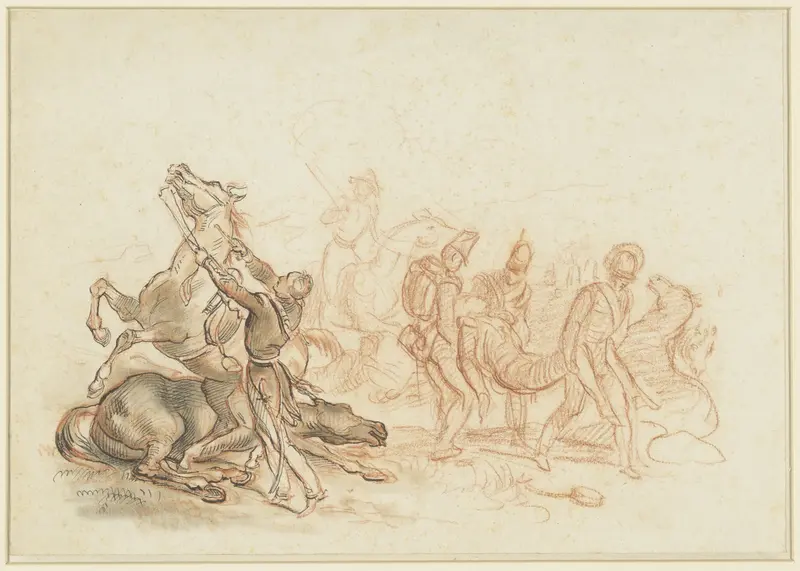 Oorlogstafereel in Spanje: een gekwetst paard wordt met een pistoolschot afgemaakt Wall Art by Horace Vernet - High-Resolution Digital Print