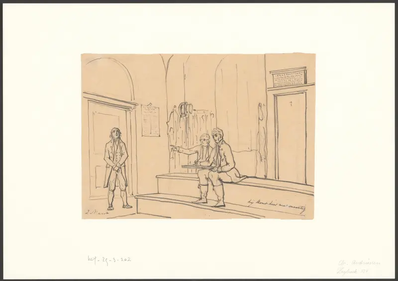 Op de tekenacademie bekijken Christiaan Andriessen en een collega kunstenaar kritisch de houding van het model Wall Art by Christiaan Andriessen - High-Resolution Digital Print
