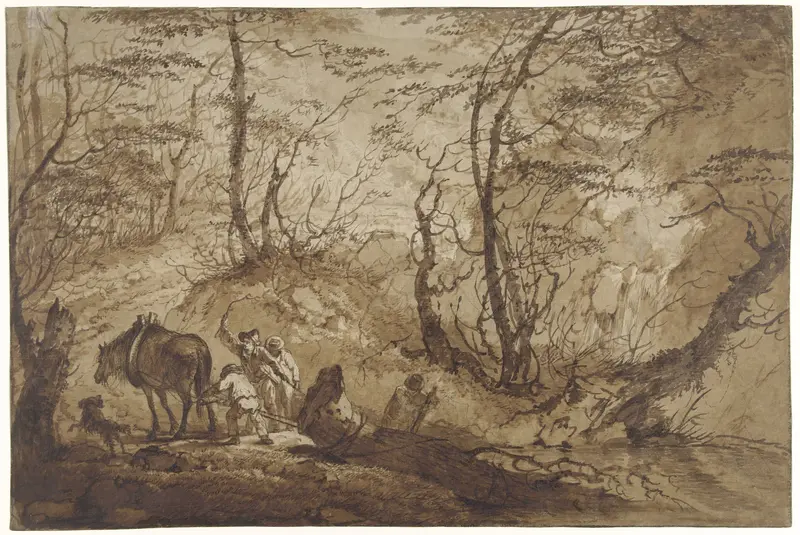 Op een bospad trekt een paard een boom uit een plas, onder aanvoering van een viertal mannen Wall Art by Gerard van Nijmegen - High-Resolution Digital Print