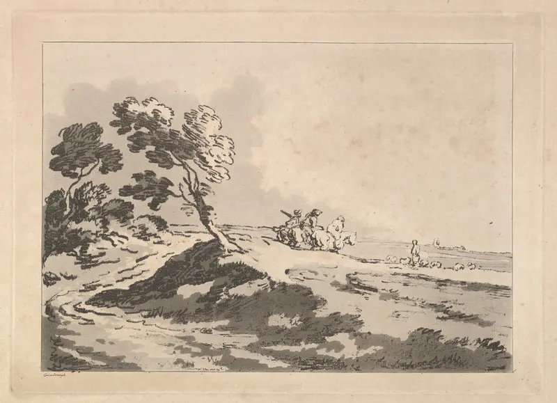 Open Landscape with Three Horsemen in the Middle Distance Heading to the Right, Windblown Trees at Left Wall Art by Thomas Rowlandson - High-Resolution Digital Print