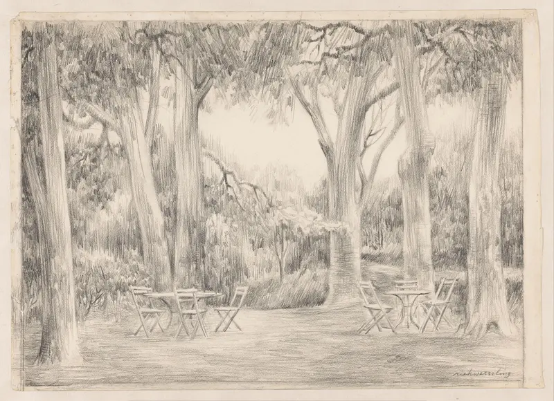 Open plek tussen de bomen met stoelen en tafels Wall Art by Unknown - High-Resolution Digital Print