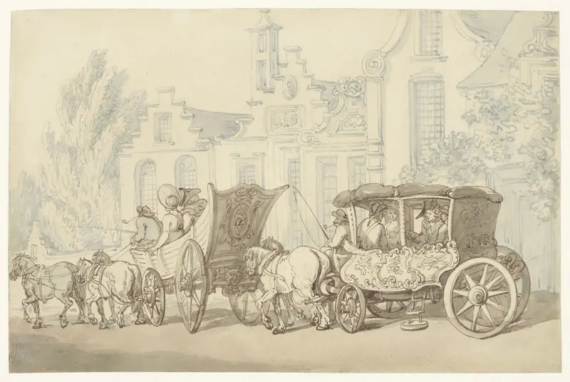Open reiswagen en koets in een quasi-Hollandse straat Wall Art by Thomas Rowlandson - High-Resolution Digital Print