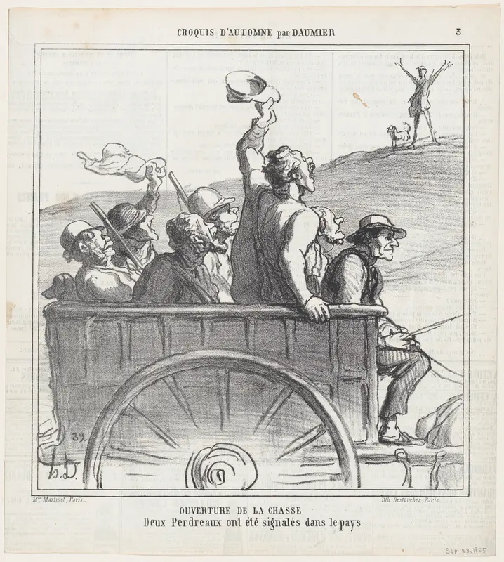 Opening of hunting season, it seems that two partridges have been sighted in the area, from 'Autumn sketches,' published in Le Charivari, September 25, 1865 Wall Art by Honoré Daumier - High-Resolution Digital Print