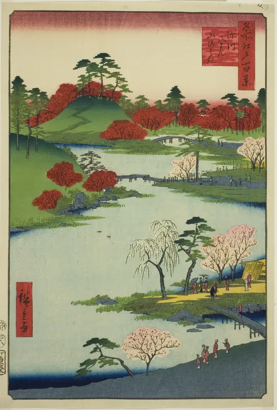 Opening of the Garden at Fukagawa Hachiman Shrine (Fukagawa Hachiman yamabiraki), from the series "One Hundred Famous Views of Edo (Meisho Edo hyakkei)"