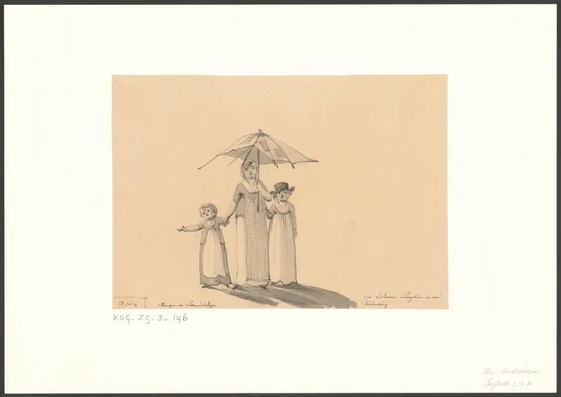 Oppas met twee kinderen onder een kapotte paraplu Wall Art by Christiaan Andriessen - High-Resolution Digital Print