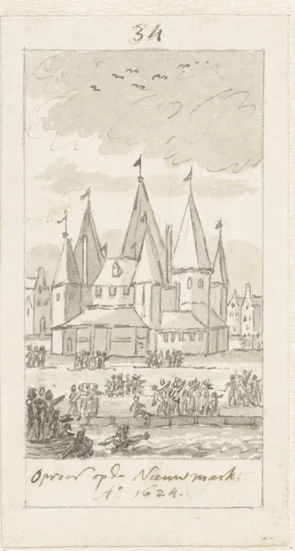 Oproer op de Nieuwmarkt over een gewaande tovenares, 1624 Wall Art by Simon Fokke - High-Resolution Digital Print