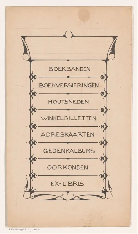 Opsomming van diensten van R.W.P. de Vries Jr. in decoratief kader Wall Art by Reinier Willem Petrus de Vries (1874-1953) - High-Resolution Digital Print