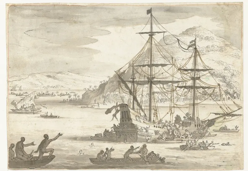 Opwachting bij schip door lokale bevolking Wall Art by Unknown - High-Resolution Digital Print