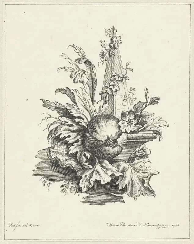 Ornament met granaatappel met bladeren en obelisk Wall Art by Hendrik Nieuwenhuysen - High-Resolution Digital Print