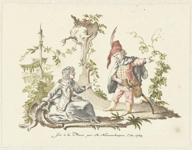 Ornament met staand mannetje bij zittende vrouw Wall Art by Hendrik Nieuwenhuysen - High-Resolution Digital Print
