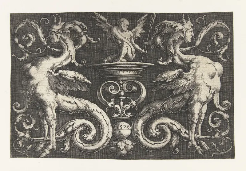 Ornament met twee fantasiewezens en een gevleugelde man Wall Art by Unknown - High-Resolution Digital Print