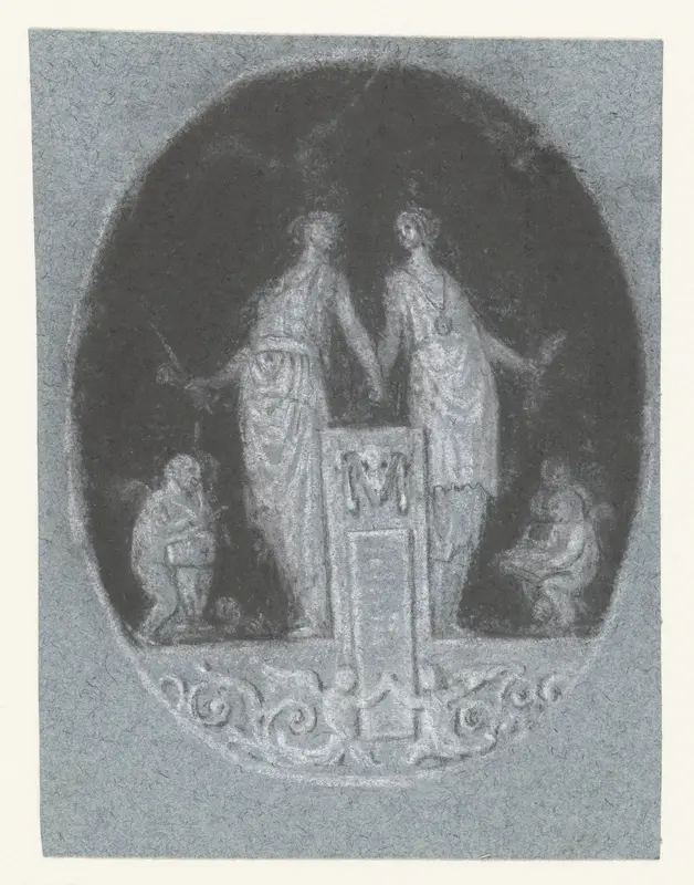 Ornament met twee staande vrouwelijke figuren Wall Art by anonymous - High-Resolution Digital Print