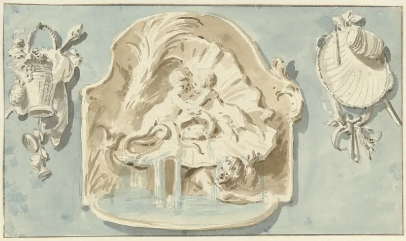 Ornament van fonteintje en twee trofeeën Wall Art by anonymous - High-Resolution Digital Print