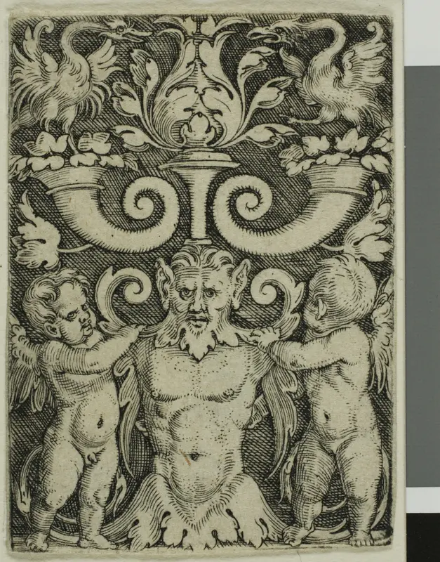 Ornament with a Male Half-Length Between Two Genii Wall Art by Barthel Beham - High-Resolution Digital Print