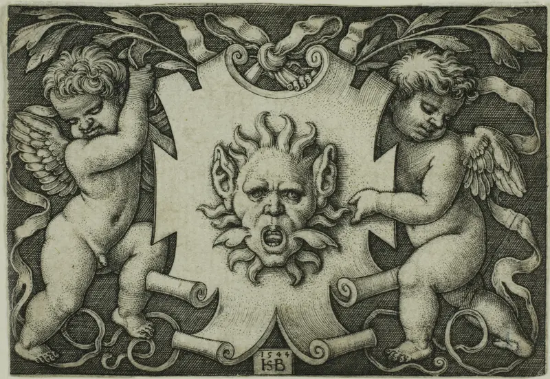 Ornament with a Mask Held by Two Genii
