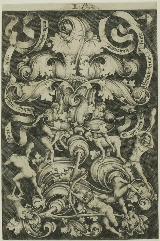 Ornament With Flower and Eight Wild Folk Wall Art by Israhel van Meckenem, the younger - High-Resolution Digital Print