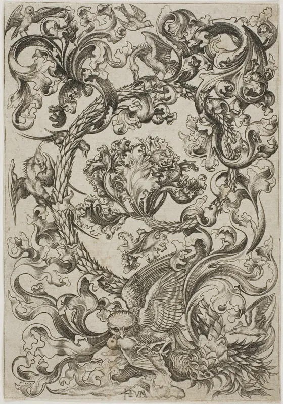 Ornament with Owl Mocked by Day Birds Wall Art by Master F.V.B. - High-Resolution Digital Print