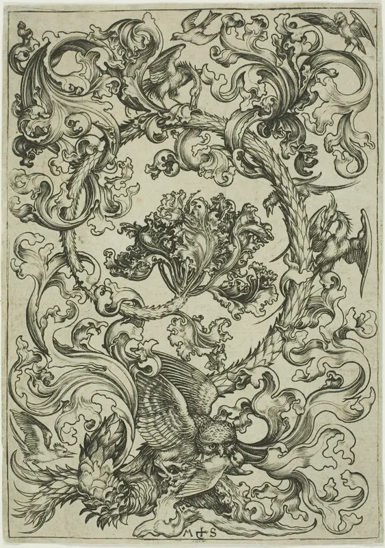 Ornament with Owl Mocked by Day Birds Wall Art by Martin Schongauer - High-Resolution Digital Print